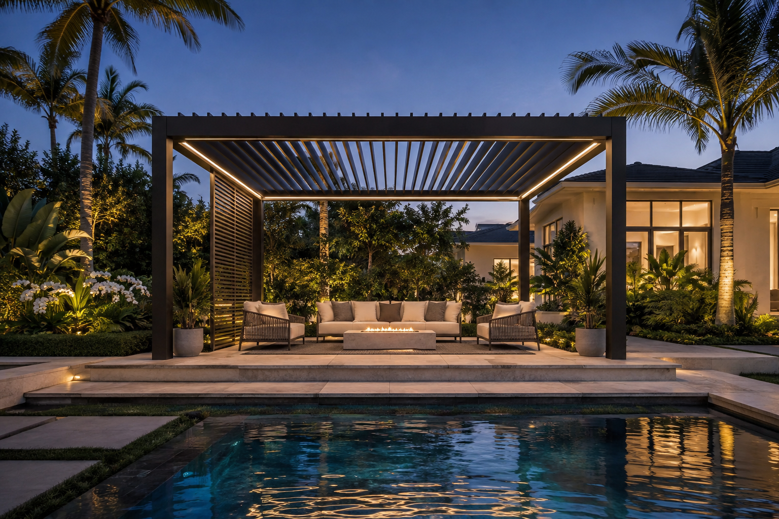 A freestanding dark-bronze 90° fixed-louver pergola with an integrated privacy wall and lighting