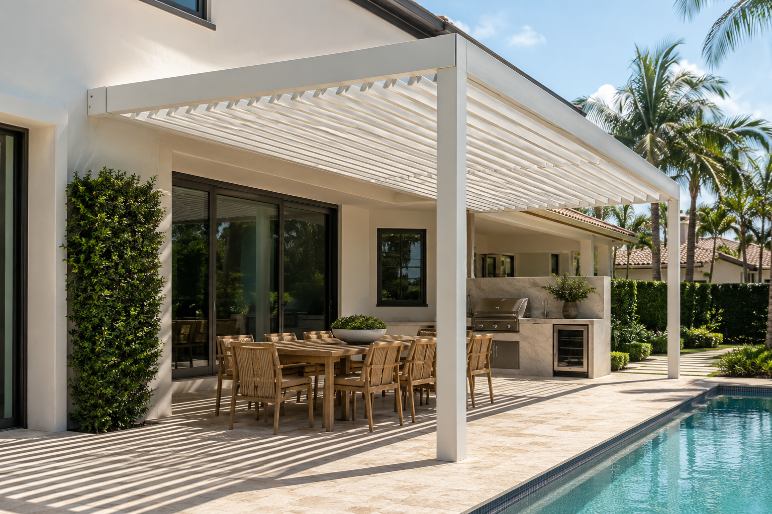 Modern outdoor living backyard with pergola and lounge seating