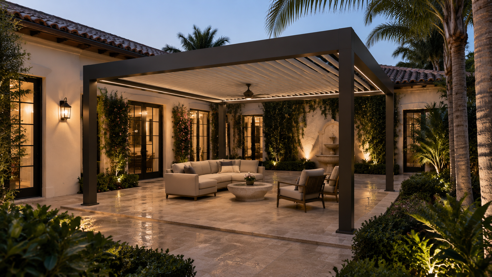 Bronze R-BLADE Pergola at Blue Hour