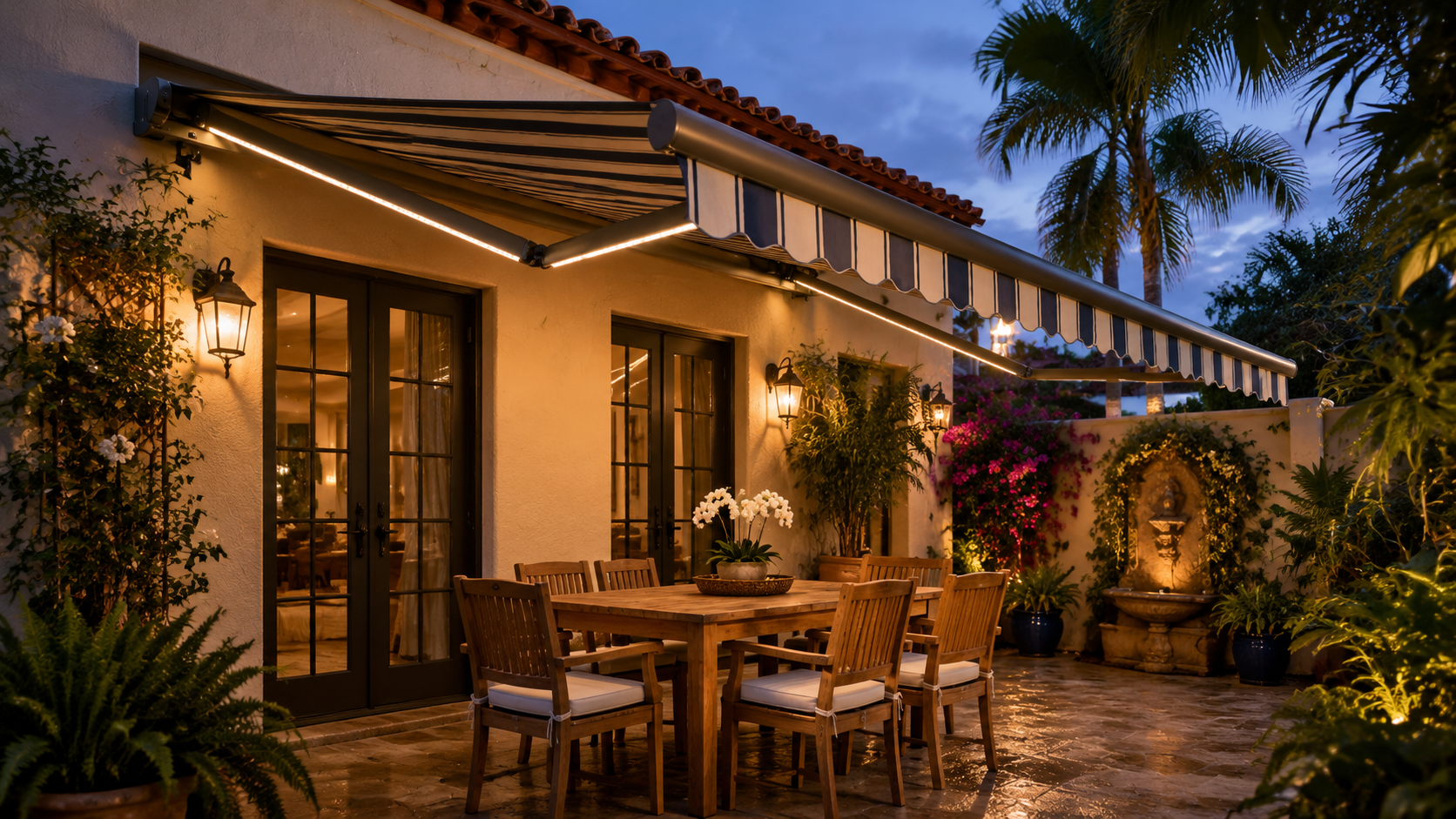 Bronze semi-cassette awning with striped fabric, scalloped valance and illuminated folding arms in a Mediterranean courtyard