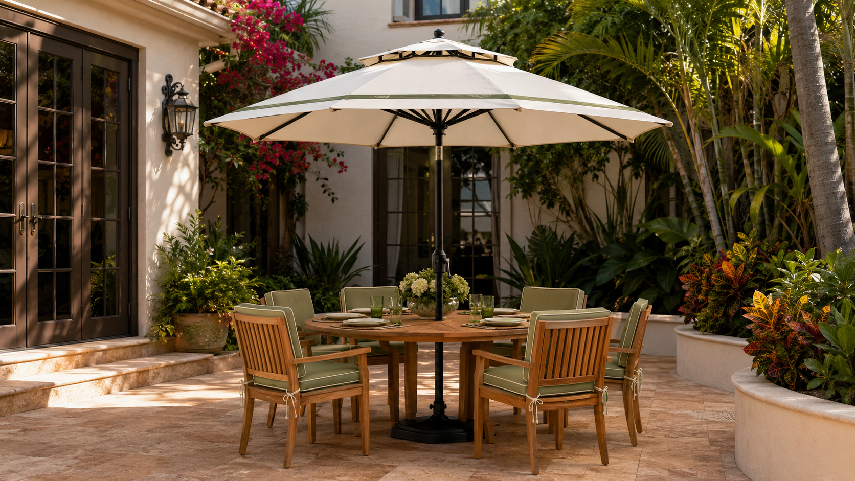 Ivory Double-Tier Umbrella in a Tropical Courtyard
