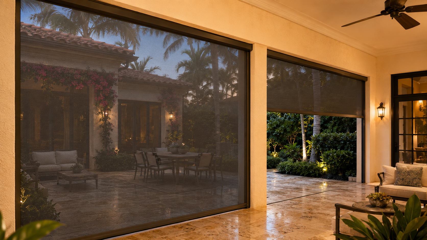 Mediterranean Boca Raton courtyard with bronze hardware, lighter mesh and warm evening lighting