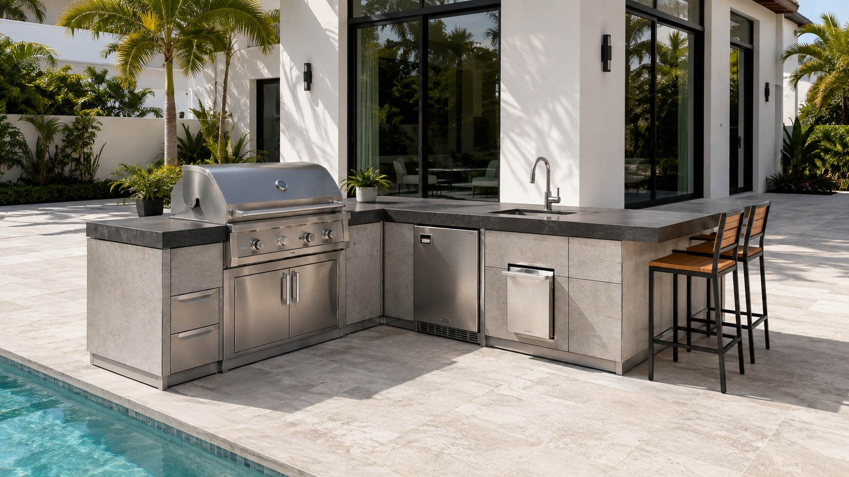 Modern L-Shaped Outdoor Kitchen by the Pool