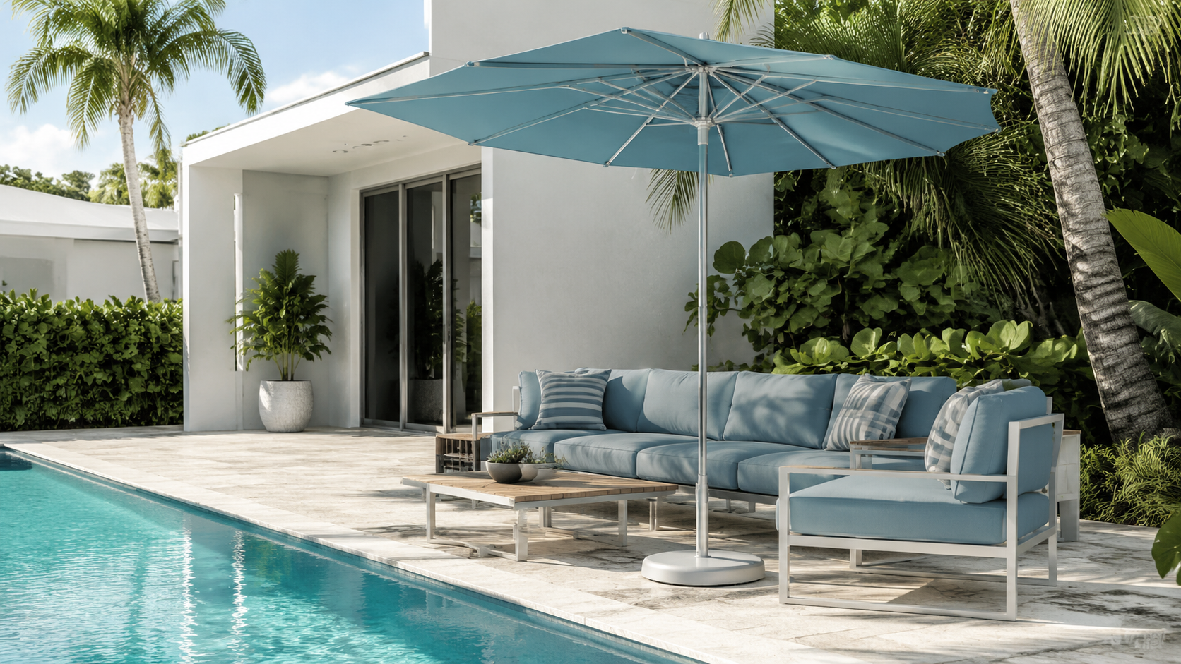 Modern Poolside Retreat with Tailored Ocean-Blue Cushions