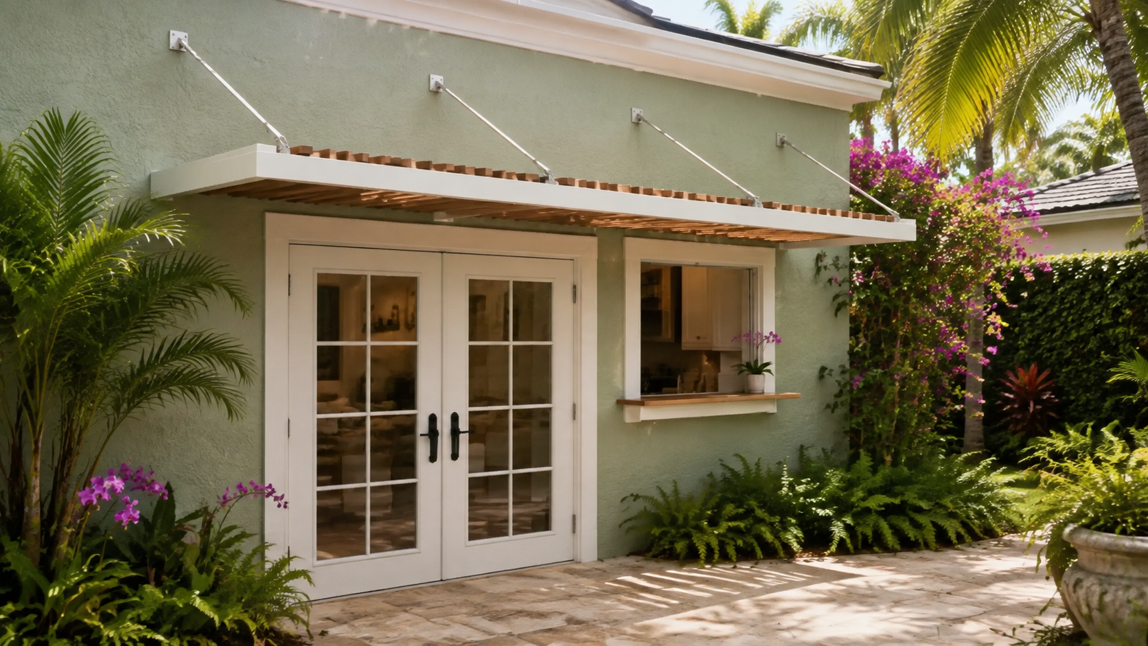 Shallow louvered awning in Old Florida courtyard