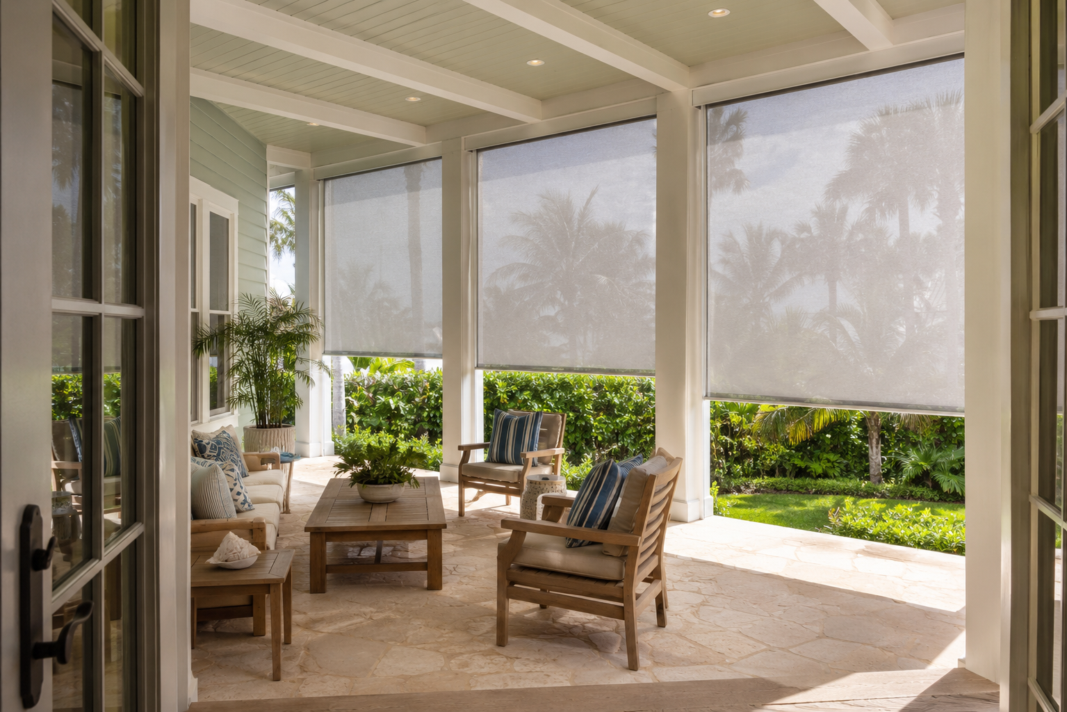 Sunlit Coastal Porch with Solar Screens