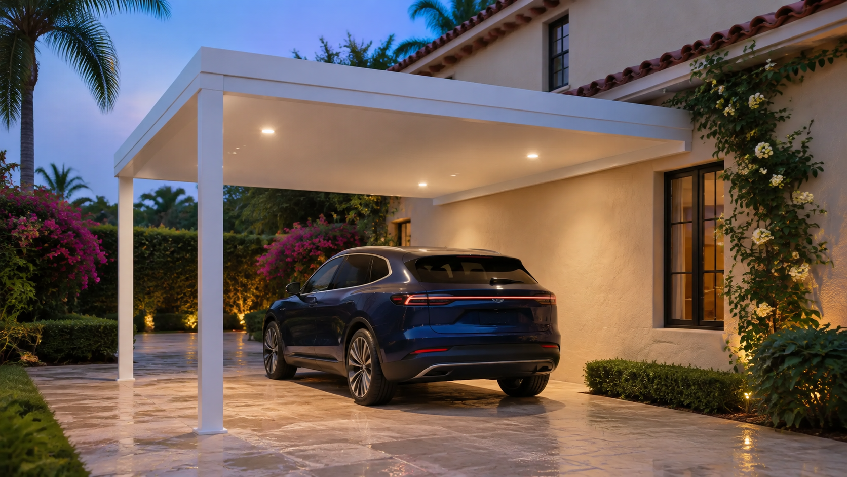 Wall mounted single car design in white with integrated lighting at a Mediterranean-style home.
