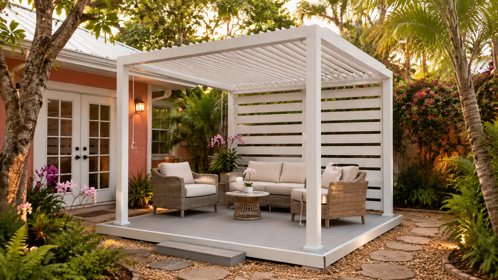 White Louvered Pergola in Key West Courtyard