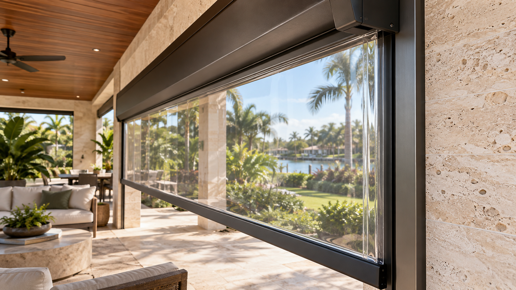 Luxury patio with retractable clear vinyl screen