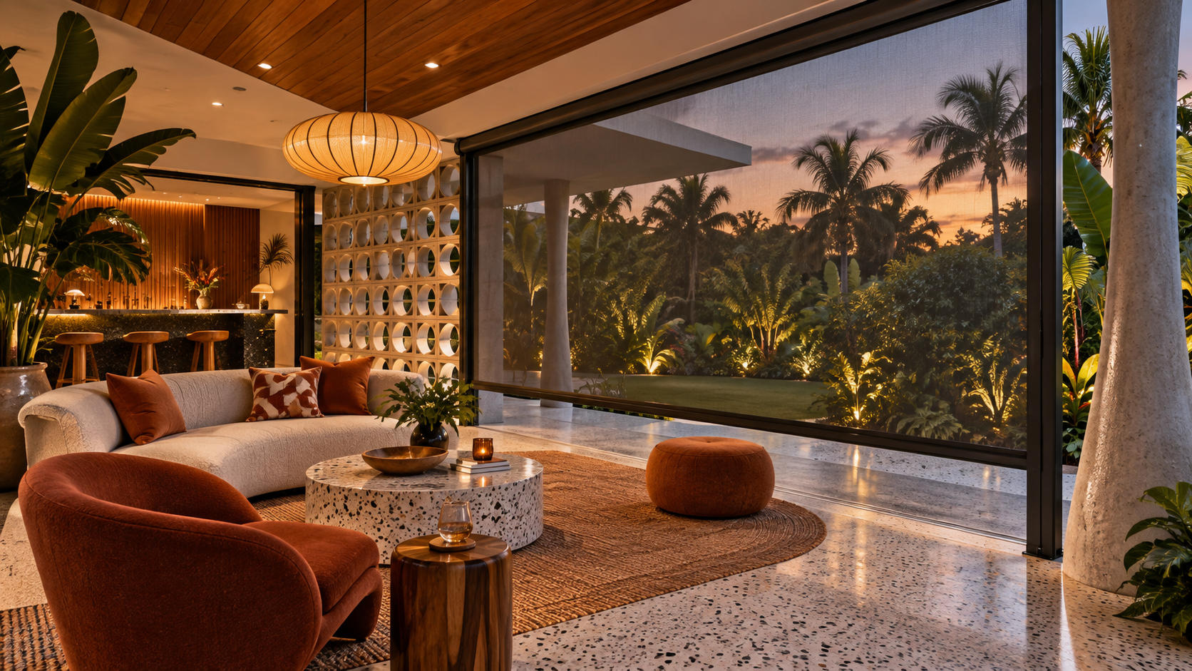 Miami style-terrazzo flooring- breeze-block-architecture-walnut-accents-tropical-landscaping-magnatrack-retractable-insect-screen