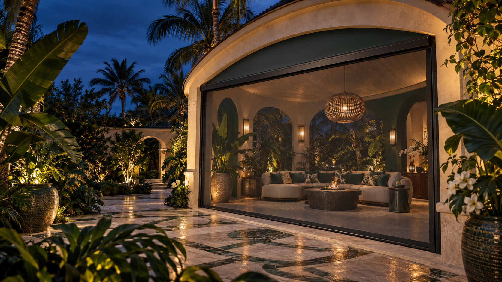 Palm-Beach-inspired- tropical-courtyard-pavilion-magnatrack-inspect-screen