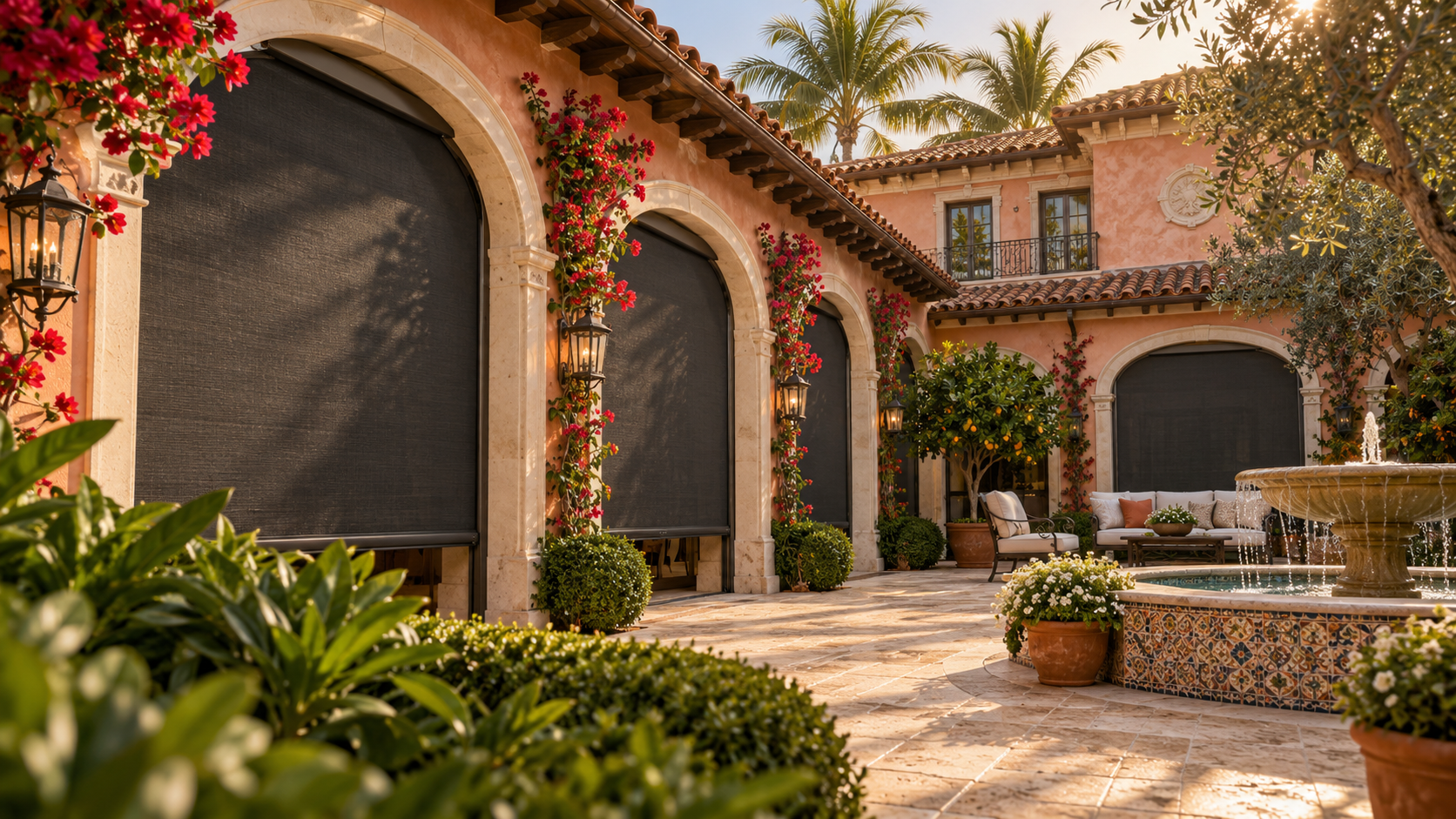 Spanish-revival-courtyard-view-magnatrack-defender-screens
